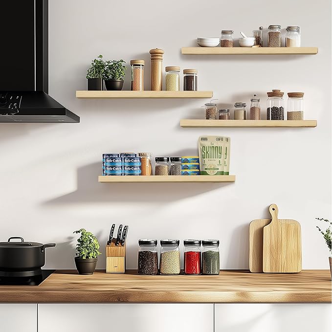 Floating Wall Shelves 4-Pack - Rustic Wood 16-inch Wooden Wall Shelves for Storage and Décor, Multi-Functional and Easy to Install for Living Room, Bedroom, and Kitchen-Ruum Studio Home