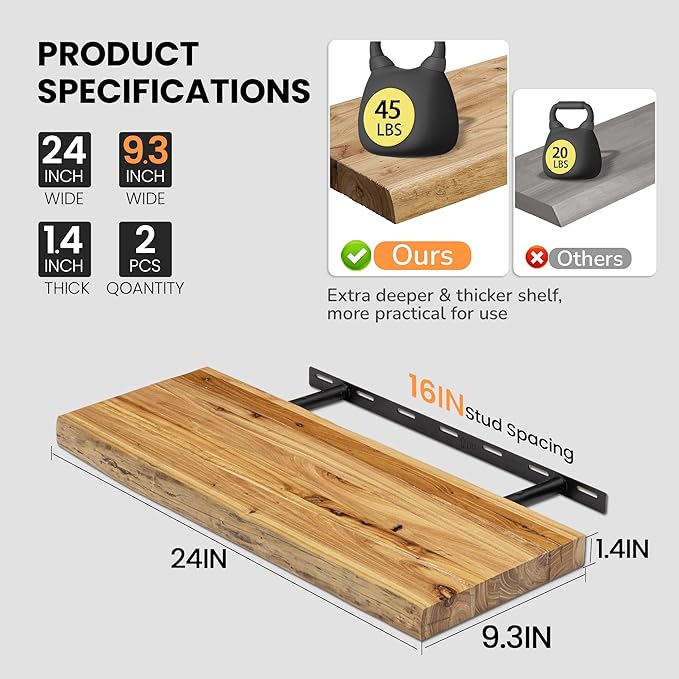 Floating Shelves for Wall, 24"x9.3" Rustic Solid Live-Edge Elm Wood Wall Shelves, Heavy-Duty Floating Shelves with Invisible Brackets, Set of 2 for Living Room, Bedroom, and Kitchen, Natural Finish-Ruum Studio Home