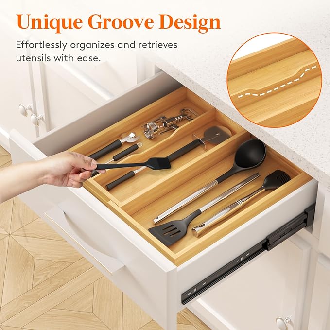 Lifewit Utensil Drawer Organizer, Expendable Cooking Silverware Tray for Kitchen Drawer, Bamboo Adjustable Cutlery Flatware Holder, Spatula Tools and Gadgets Storage Divider, 3 Compartments, Natural-Ruum Studio Home