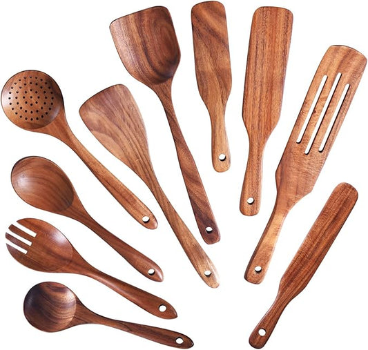 Wooden Spoons for Cooking,GUDAMAYE 10 PCS Wooden Kitchen Utensils Set,Wooden Cooking Utensils For Non-stick Pan,Teak Wood Utensils Set,Spurtles Kitchen Tools As Seen On Tv-Ruum Studio Home