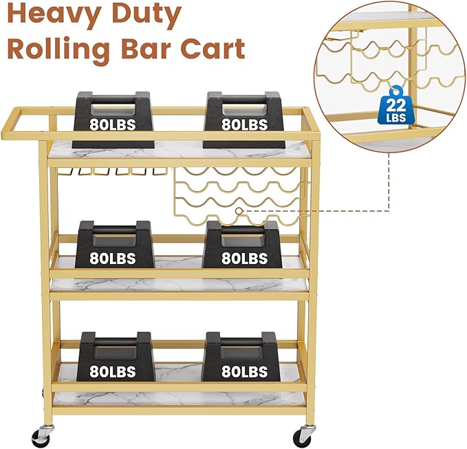 Leteuke Bar Cart for Home, 3 Tier Gold Serving Rolling Carts with Wheels, Drink Cart, Liquor Stand with Marbled Wooden Shelves, Wine Rack and Glass Holder for Kitchen, Dining Room-Ruum Studio Home
