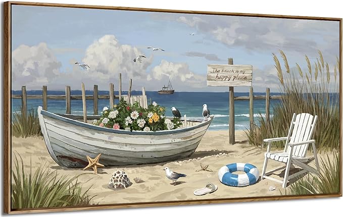 amatop Large Framed Wall Art for Living Room Nautical Beach Canvas Print Blue Flower Boat on Sandy Shore Ocean Seaside Landscape Coastal Artwork with Sea Birds Rustic Bedroom Office Home Decor 48×24 Inch-Ruum Studio Home