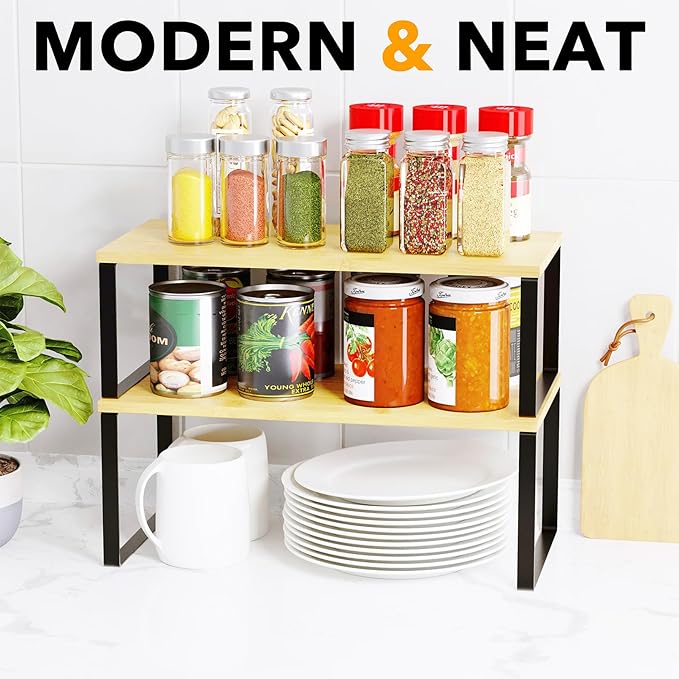 SpaceAid Cabinet Shelf Organizers 2 Pack, Kitchen Counter Rack Shelves Riser, Stackable Expandable Spice Rack, Pantry Cupboard Storage Organization (Black and Natural, Long)-Ruum Studio Home
