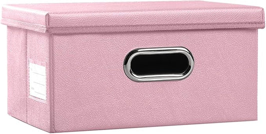 PRANDOM Collapsible Storage Box with Lid [1-Pack] Leather Fabric Foldable Storage Bin Organizer Container Basket Cube with Cover for Home Bedroom Closet Office Nursery Pink (13.6x9.6x6.9)-Ruum Studio Home