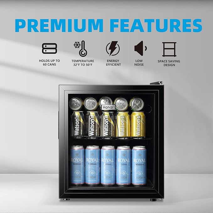 WANAI Mini Fridge Cooler 60Cans Beverage Refrigerator Glass Door Beverage Cooler for Beers Wine Juicer Adjustable Shelves LED Lights for Home, Office or Bar-Ruum Studio Home