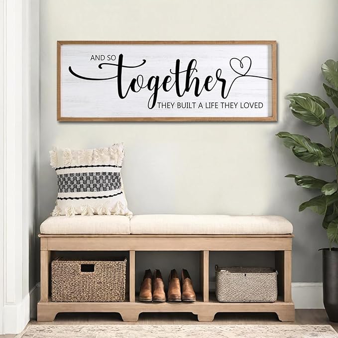 And So Together They Built A Life They Loved Decorative Rustic Sign & Plaque Framed Wall Art for Couples, 40''×15''Wooden Long Wall Decor Above Bed, Vintage Horizontal Farmhouse Wedding Gift-Ruum Studio Home