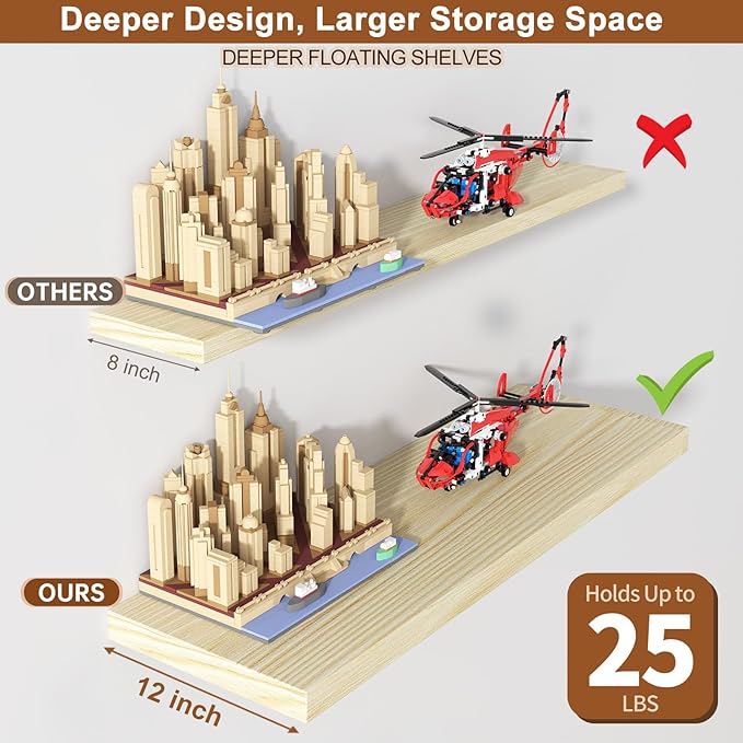40 Inch Floating Shelf 1 Pack Large Floating Shelves for Wall No Drilling Accessories Included Deep Wall Shelves for Living Room Kitchen Farmhouse 40" W x 12" D x 1.2" Oak-Ruum Studio Home
