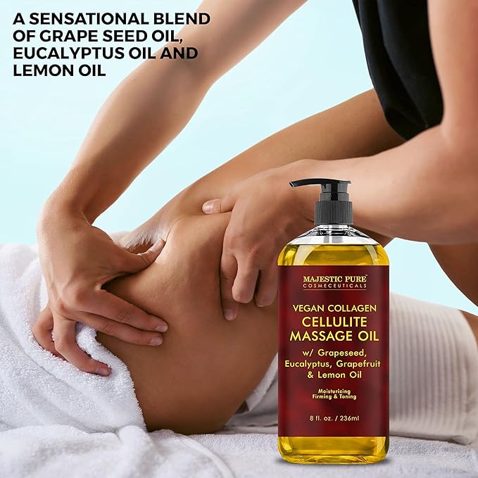 MAJESTIC PURE Cellulite Massage Oil for Massage Therapy - Refreshing, and Relaxing - Natural Oils with with Vegan Collagen & Stem Cells - for All Skin Types - Men and Women - 8 fl oz-Ruum Studio Home