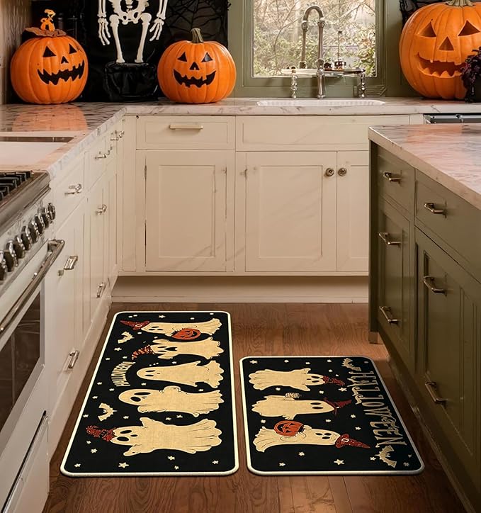 Halloween Kitchen Mat Set of 2, Pumpkin Ghost Bat Halloween Kitchen Decor, Halloween Rug for Floor, Indoor Spooky Home Decor with Non-Slip Backing,17 x 29 Inch & 17 x 47 Inch-Ruum Studio Home