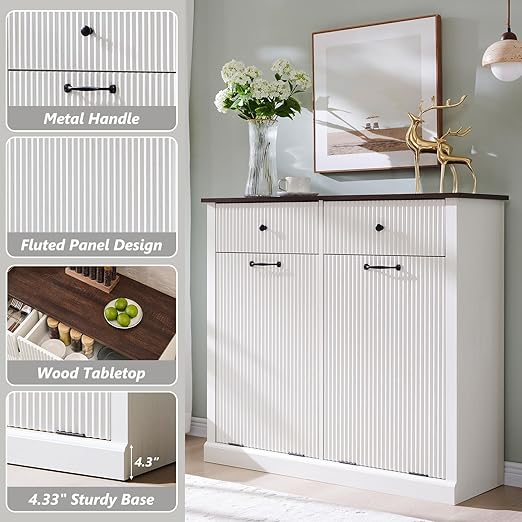 Modern Double Tilt-Out Trash Cabinet, 20 Gallon Fluted Laundry Hamper Cabinet w/2 Drawers, Wooden Hidden Garbage Can Cabinets with Storage Basket,Free Standing for Kitchen & Living Room, White-Ruum Studio Home