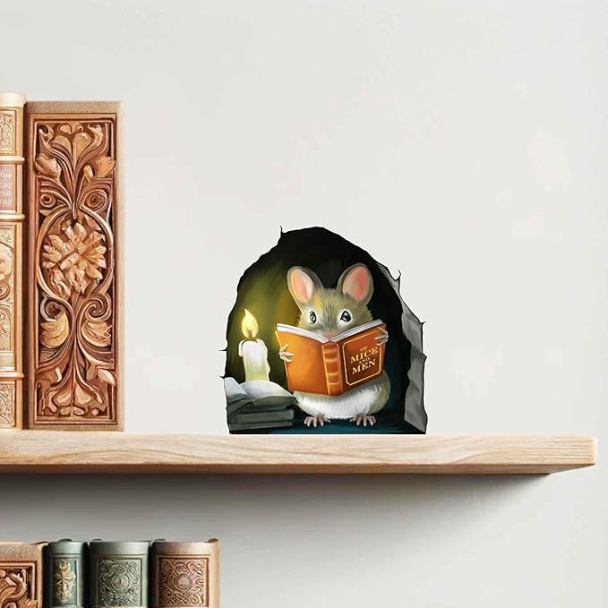 Mouse Reading Book, Wall Decor Sticker Decal, Kids Room, Classroom, Home, Bedroom, Bookcase, Book Lover, of Mice and Men, Children, Adorable, (Mouse Reading Book)-Ruum Studio Home