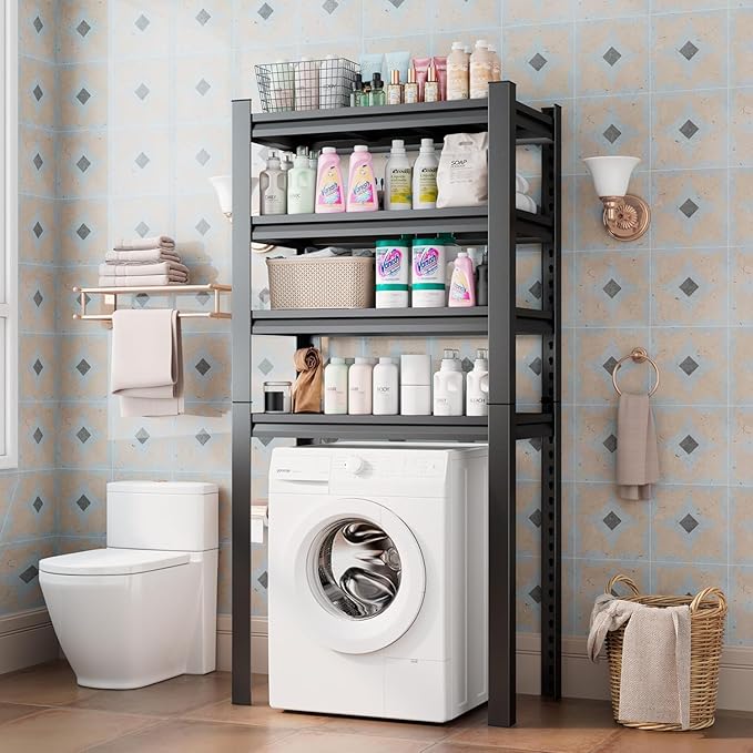 Upgraded Over The Toilet and Washer Storage Shelf,4 Tiers Laundry Room Standing Shelf,Bathroom Storage and Organizer Rack,Laundry Room Space Saver with Adjustable Shelves,39" W x 14" D x 63" H, Black-Ruum Studio Home