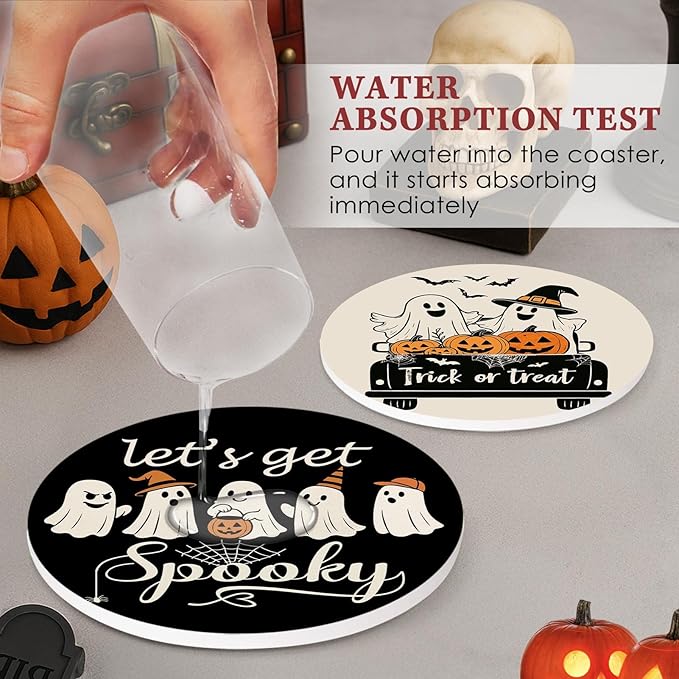 Coaster for Drinks Set of 6, Halloween Black and White Ghost Pumpkins Absorbent Round Ceramic Stone Mat, with Cork Base and Metal Holder, Gift for Housewarming Room Bar Decor-Ruum Studio Home