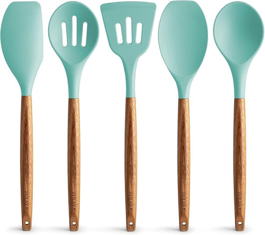 Zulay Kitchen Non-Stick Cooking Utensils Set with Authentic Acacia Wood Handles – 5-Piece Durable & Stylish Silicone Kitchen Utensils Set – Heat Resistant to 464°F – Aqua-Ruum Studio Home