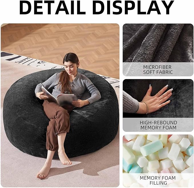 Bean Bag Chair 4Ft, Memory Foam Filled, Large Beanbag Chairs for Adults and Teens, Soft Sofa with Removable Flannel Cover, Round Couch for Living Room Bedroom College Dorm (Black, 4FT-47×47"×24")-Ruum Studio Home