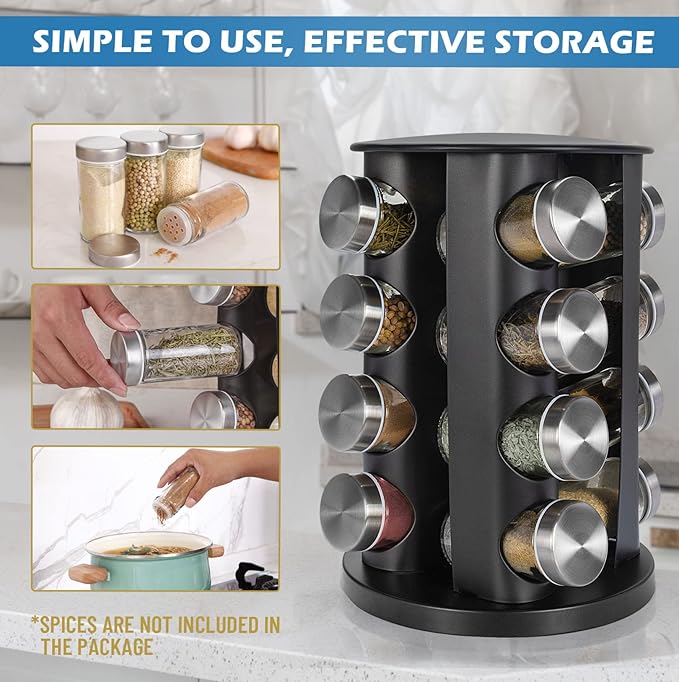Black Countertop Rotating Spice Rack, 16-Jars Revolving Spice Rack Organizer Tower, 135 Spice Labels with Funnel Complete Set, Seasoning Organizer for Kitchen Countertop, Cabinet-Ruum Studio Home