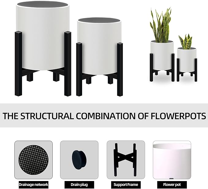 Plant Pot with Stands Set of 2, Mid Century Planters for Indoor Plants Modern Decorative Flower Pots for Balcony, Office, Living Room or Garden with Drainage Plug, 12 inch & 10 inch-Ruum Studio Home