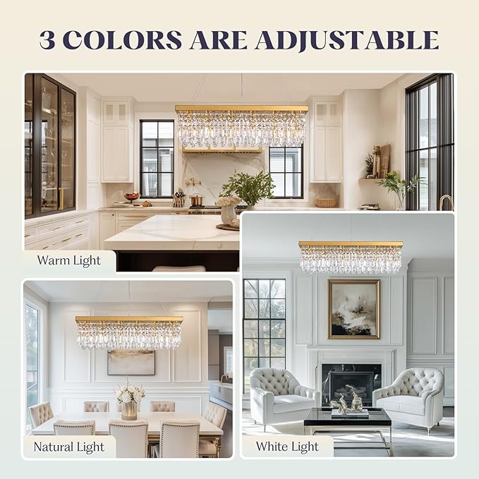 Modern Gold Crystal Chandelier,Rectangular K9 Crystal Raindrop Light Fixture,6 Light Rectangle Chandeliers for Dining Room Living Room Kitchen Island L31.5''xW10''xH10''-Ruum Studio Home