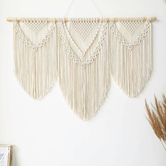 large macrame wall hanging - Boho Tapestry Macrame Wall Decor Art- Chic Bohemian Handmade Woven Tapestry Home Decoration for Bedroom Living Room Apartment Wedding Party - 43"x32" (Beige-Triangle)-Ruum Studio Home