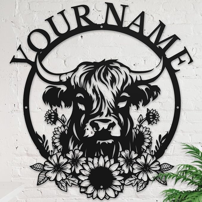 Personalized Highland Cow Name metal Signs,Custom Highland Cow Metal Shed Wall Decor,Black Metal Wall Art Plaques Outdoor wall Decorative Signage (Style H)-Ruum Studio Home