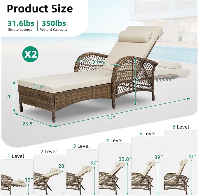 VIVIJASON Outdoor Wicker Chaise Lounge Chair Set of 2, All-Weather PE Rattan Cushioned Patio Lounger Chairs, 6-Position Adjustable Outside Pool Sunbathing Recliner with Armrest & Pillow, Beige-Ruum Studio Home
