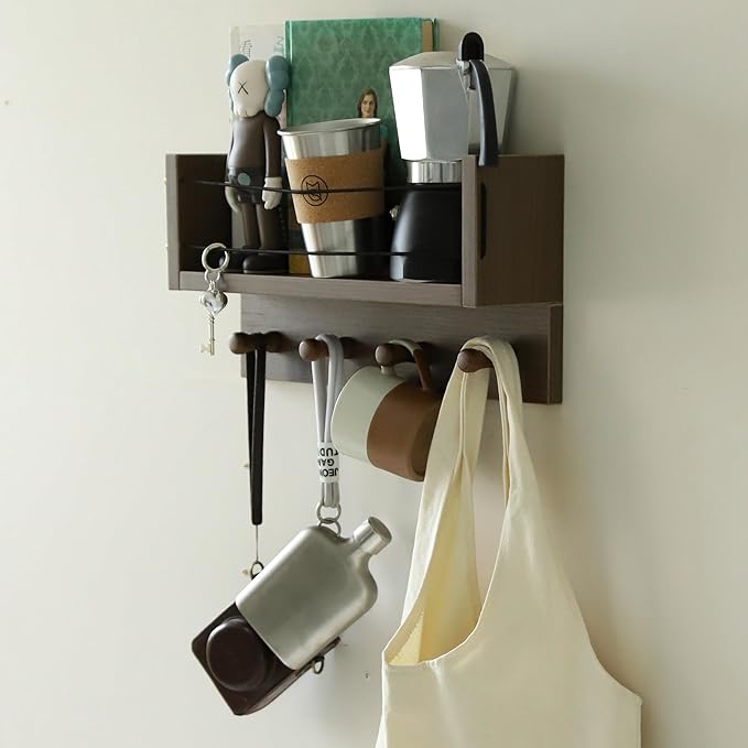 Entrance Coat Rack ，Coat Hooks, Wall-Mounted Wooden Hook Rack, Wall-Mounted Shelves are Very Suitable (Walnut Colored Finish-A)-Ruum Studio Home