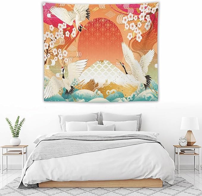 HZOHNAGO Japanese Tapestry Cherry Blossom Crane Sea Wave Fuji Mountain Red Sun Pattern Printed Wall Tapestry Painting Wall Hanging for Bedroom Living Room Dorm 60" W x 50" H-Ruum Studio Home