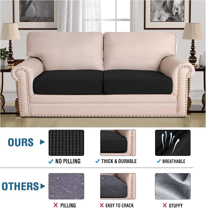H.VERSAILTEX Super Stretch Individual Seat Cushion Covers Sofa Covers Couch Cushion Covers Slipcover Sets Thick Jacquard Textured Twill Fabric (2 Piece Large Sofa Cushion Covers, Black)-Ruum Studio Home
