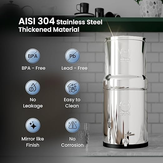 1.5 Gallons NSF Certified AISI 304 Stainless Steel Water Filter with 2 Smart Carbon (Black) Filters, 2 POSTreat Steel Fluoride Removal Elements & Free Stainless Steel Spigot-Ruum Studio Home
