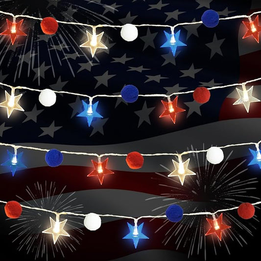 4th of July Decorations 9.85FT Red White and Blue Star String Lights Pom Pom Star Lights Battery Operated with Timer Fairy Lights for Independence Day Memorial Patriotic Fourth of July Decor for Home-Ruum Studio Home