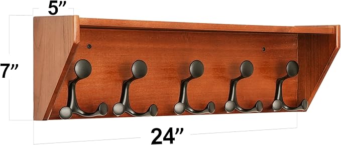 SKOLOO Wall Shelf with Hooks, 24-Inch Cherry Coat Rack Wall Mount with Shelf Organizer - Lightweight & Sturdy, 5 Tri Hooks - Perfect for Entryway, Hallway, Living Room, Bedroom, Mudroom-Ruum Studio Home