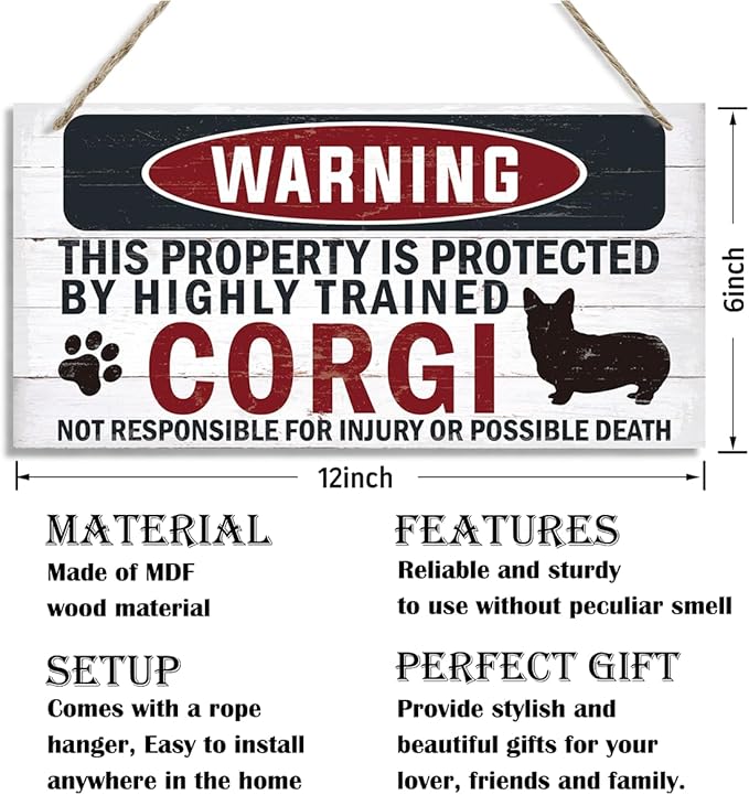 Funny Warning Sign - The Property is Protected By Highly Trained Corgi - Decorative Wood Hanging Plaque, Wall Decor, Owner Home Decor, Door Gate Hanger, Front Porch Sign-Ruum Studio Home