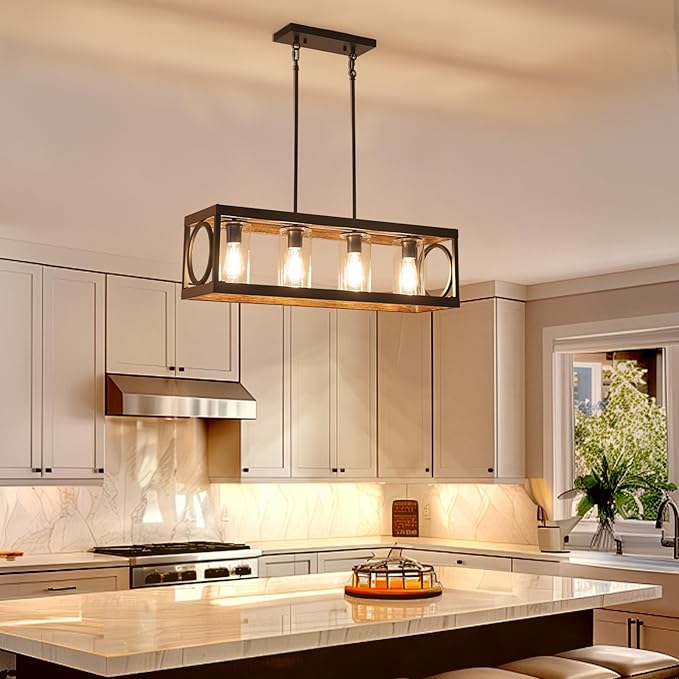 XINGQI Rectangle Chandeliers 31.5" Farmhouse Kitchen Island Lighting Fixture Over Table Modern Vintage Linear Hanging 4-Light for Dining Room Living Room Black Wood Grain Finish with Glass Lampshade-Ruum Studio Home