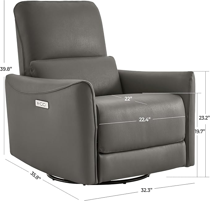 CHITA Power Recliner Chair Swivel Glider, FSC Certified Upholstered Faux Leather Living Room Nursery Reclining Sofa Chair with Lumbar Support, Charcoal-Ruum Studio Home