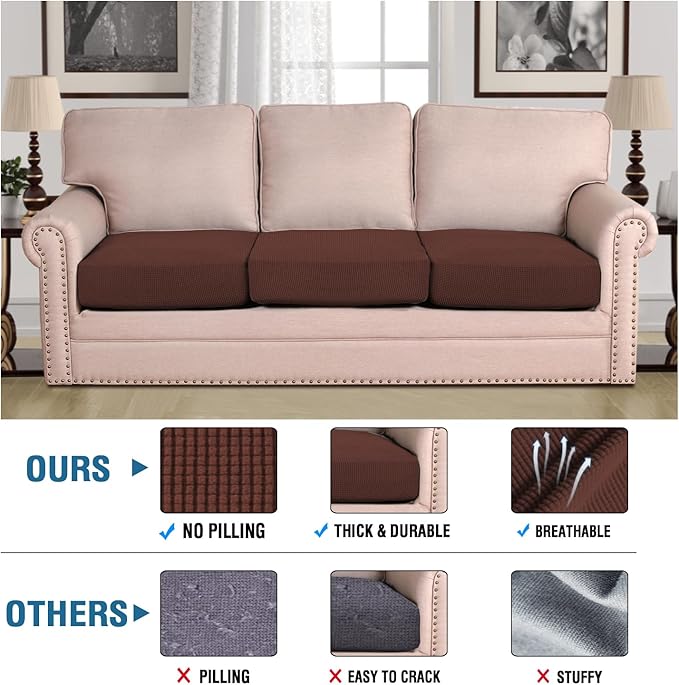 H.VERSAILTEX Super Stretch Individual Seat Cushion Covers Sofa Covers Couch Slipcover Sets Thick Jacquard Textured Twill Fabric (3 Piece Sofa Cushion Covers, Burnt Brick)-Ruum Studio Home