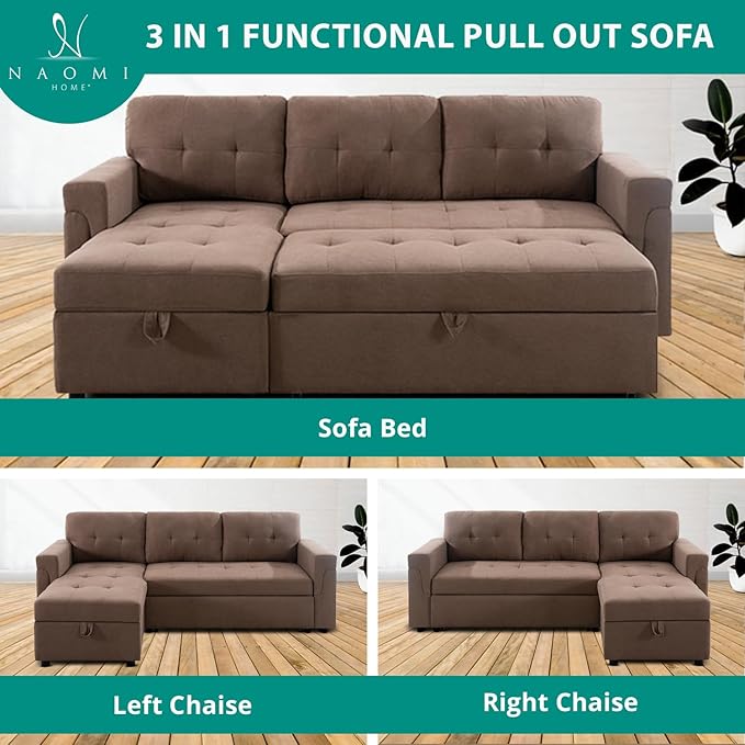 Naomi Home Transform Any Space: Sleeper Sectional Sofa with Convertible Sofa Bed & Inviting Chaise. Find Tranquil Comfort with Stress-Relieving Design & Durable Cushions - Mocha/Velvet-Ruum Studio Home