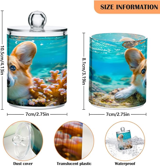 2 Pack Qtip Holder Organizer Dispenser Corgi Dog Underwater Bathroom Storage Canister Cotton Ball Holder Container for Cotton Pads/Swabs/Floss-Ruum Studio Home