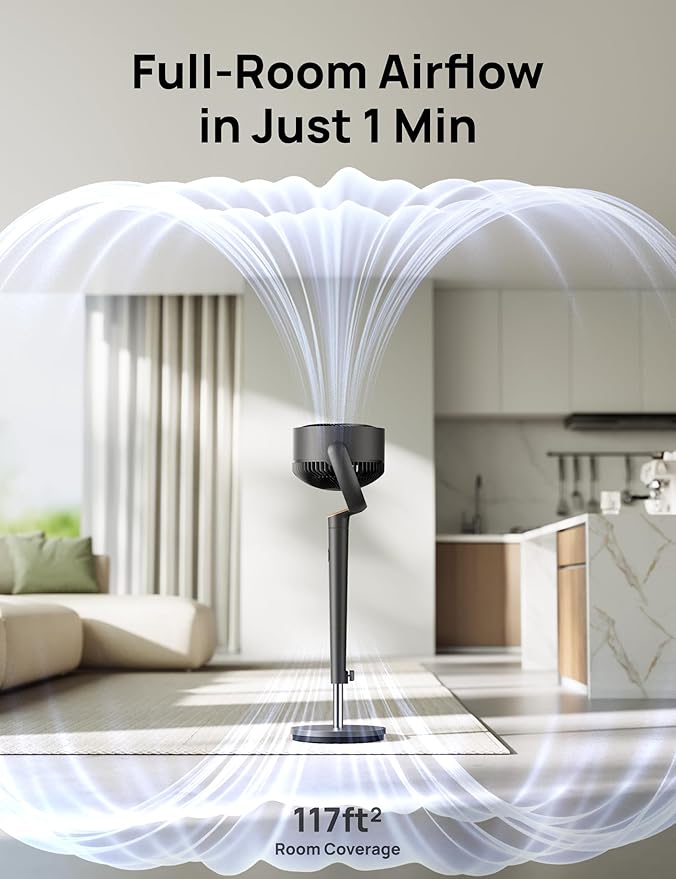 Dreo Fan for Bedroom, 120° Oscillating Standing Fans, Quiet Floor Fan with DC Motor, 100ft Pedestal Fans for Room, 9 Speeds, 4 modes, 20dB, 120° Manual Vertical, 37-42" Adjustable Height, 9H Timer-Ruum Studio Home
