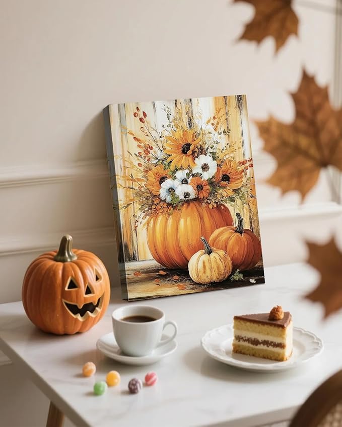 Rustic Autumn Fall Floral Pumpkin Wall Art Decor, Fall Floral Botanical Print for Thanksgiving Decorations, Autumn Wall Art Print for Farmhouse Living Room Bedroom Fall Decor, Ready to Hang-Ruum Studio Home