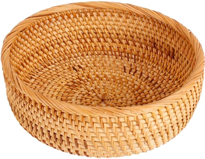 Hadewoven Round Rattan Fruit Basket Wicker Food Tray Weaving Storage Holder Dinning Room Bowl, 9 Inch Woven Bread Basket Key Bowls with 3.5”Wall for Table, Countertop (Medium 8.66")-Ruum Studio Home
