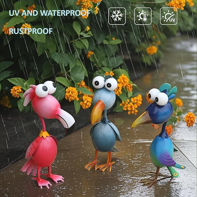 Kircust Outdoor Metal Bird Yard, Garden Decor for Outside Flamingo/Peacock/Pelican Decorations Art Statues, Lawn Ornaments for Courtyard, Patio, Backyard, Porch, Set of 3-Ruum Studio Home