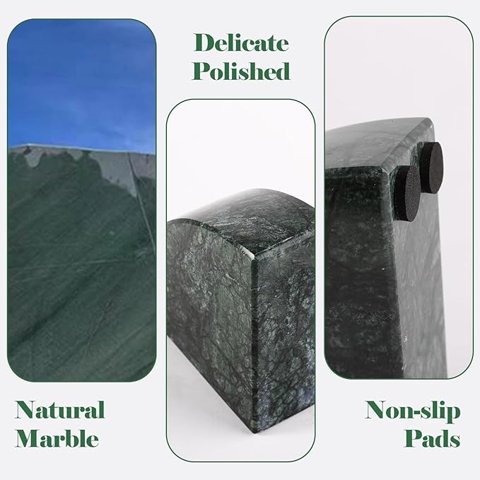 Marble Bookend for Shelves, Non-Skid Bookends for Heavy Books, Heavy Duty Book Stopper for CDs, Luxury Book Shelf Holder, Quarter Circle Design Book Ends Decorative, Indian Green, Set of 2-Ruum Studio Home