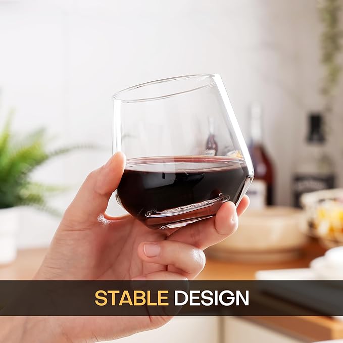 Stemless Wine Glasses Set of 4, 13.5oz Red White Wine Glasses for Daily Use, Hosting, Home Bar, Evening Party, Birthdays, Housewarming Gift, Clear