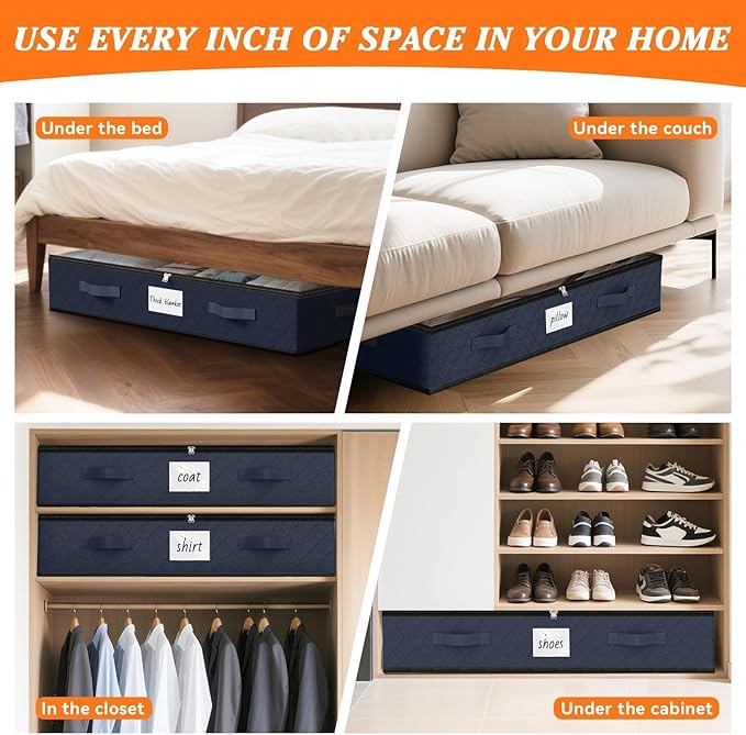 SpaceWhisper 90L Under Bed Storage Containers, 8-Pack Storage Bins with Clear Top, Foldable Closet Organizers and Storage with Label Holder for Clothing, Blankets, Comforter & Pillows(Blue)-Ruum Studio Home