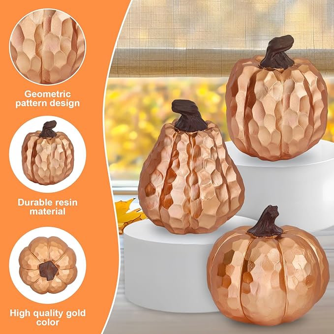 Large Pumpkin Decor Set of 3, Resin Pumpkins Thanksgiving Table Decor,5.9 Inch Faux Pumpkins Suitable for Fall Home Decor,Fall Table Decorations,Fall Mantel Decor (Gold)-Ruum Studio Home