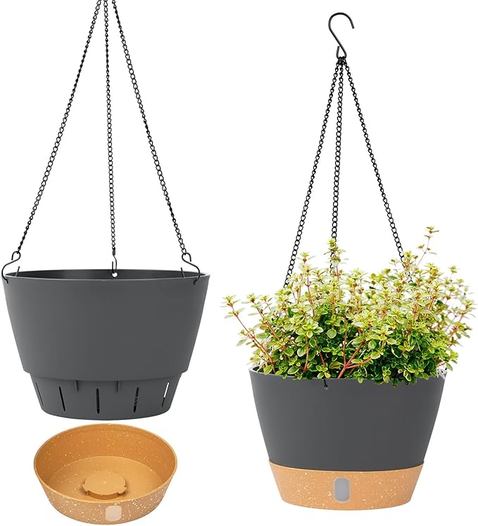 QCQHDU 2 Pack Hanging Planters for Indoor Outdoor Plants, 8 Inch Hanging Baskets Flower Pots with Reservoir Tray & Visible Water-Level-Ruum Studio Home
