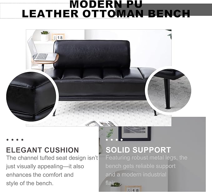 Sofa,Bed Bench,Small Spaces Furniture,Polyurethane Leather,Wood Frame,High Density Sponge Infillings,360-Degree Swivel Tray,Black Metal Leg (Black)-Ruum Studio Home