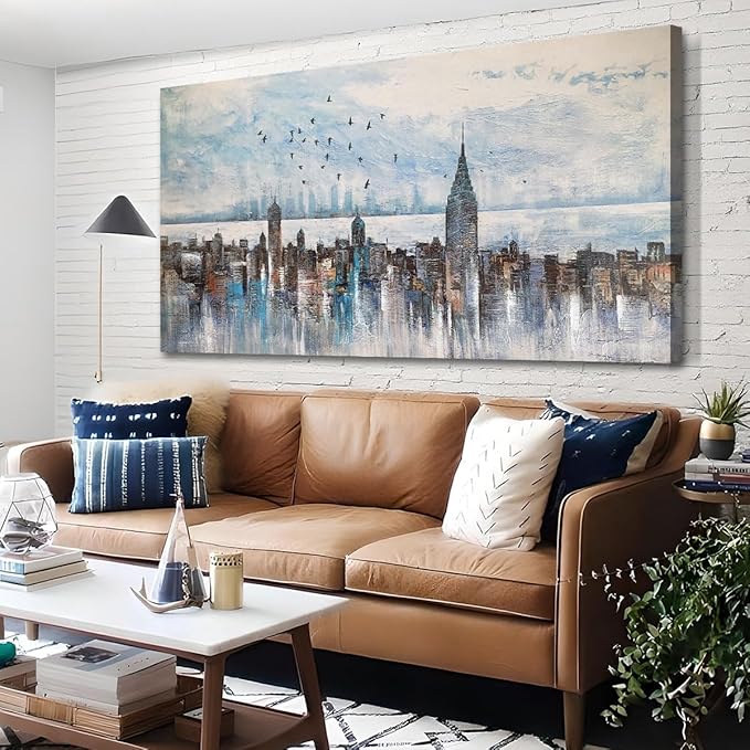 Arjun Cityscape Wall Art New York City Skyline Buildings Picture Modern Abstract Grey NYC Skyline Birds City View Painting Framed Artwork for Bedroom Living Room Home Office Decor Extra Large 58"x29"-Ruum Studio Home