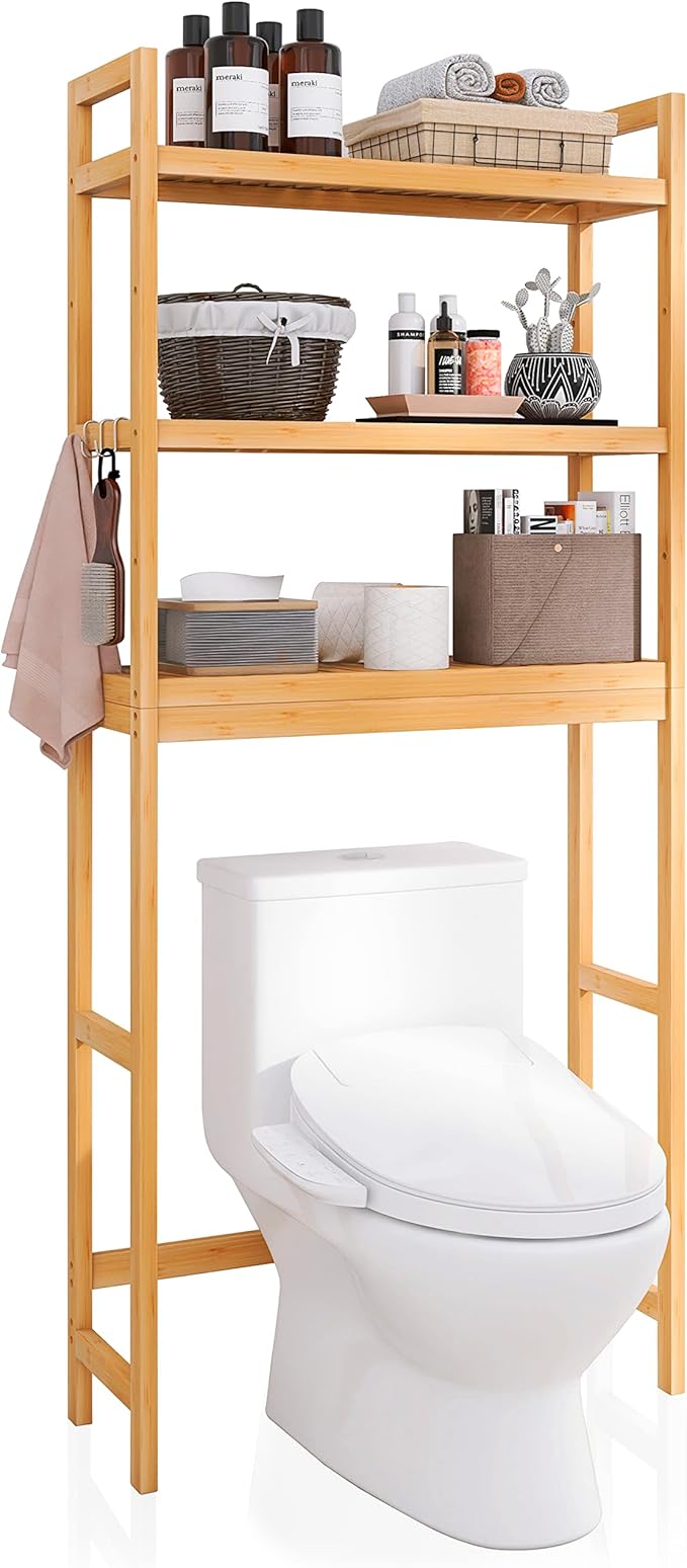 SMIBUY Bathroom Storage Shelf, Bamboo Over-The-Toilet Organizer Rack, Freestanding Toilet Space Saver with 3-Tier Adjustable Shelves (Natural)-Ruum Studio Home
