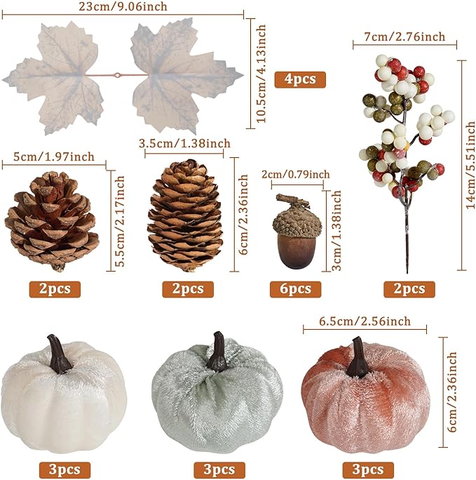 Artmag 25 PCS Pumpkin Decor Set, Artificial Fabric Pumpkins Decor with Acorns, Pinecones, Berries, Maple Leaves for Fall Halloween Thanksgiving Decorations Home Table-Ruum Studio Home